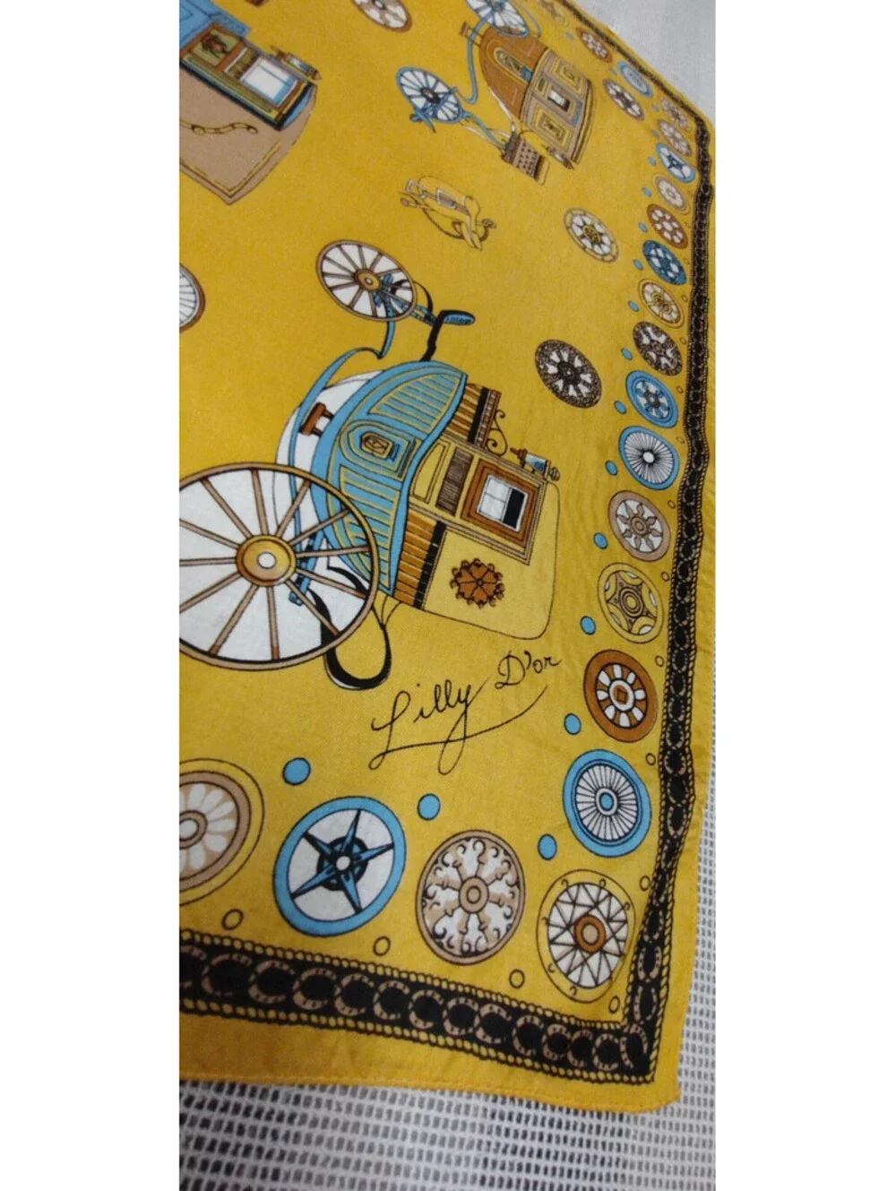 Vintage 1960s Carriages Scarf Lilly D'or Dandy Mustard Victorian Acetate ITALY